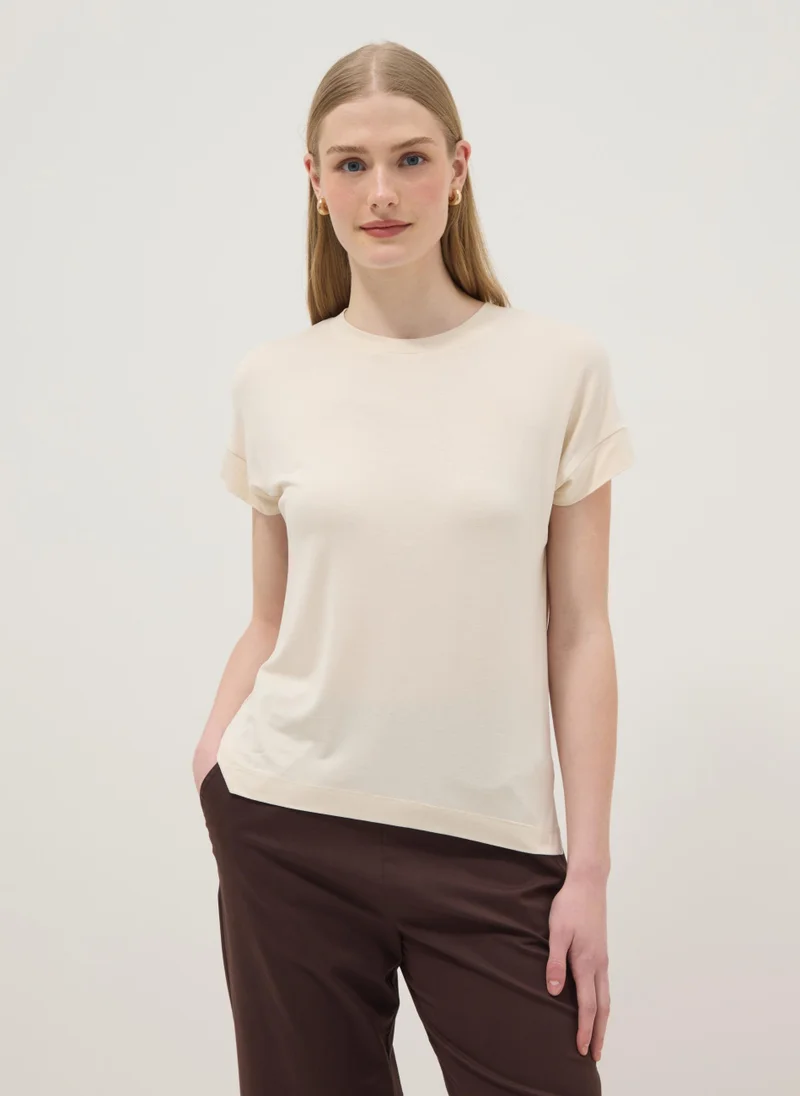 او في اس OVS Beige Short-Sleeve Stretch Viscose T-Shirt