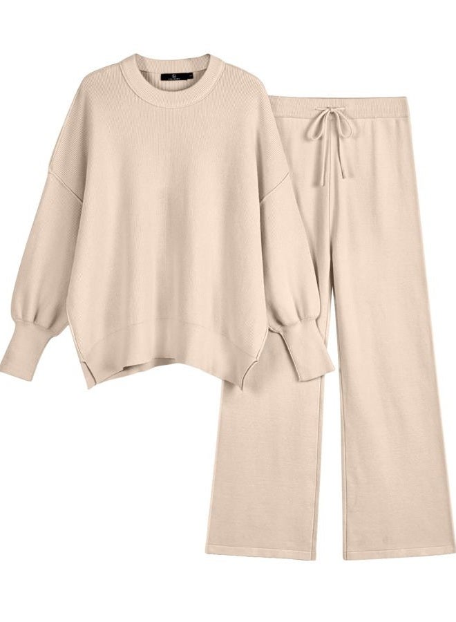 LILLUSORY Women 2 Piece Outfits SweatSuit Sweater Sets 2023 Fall Oversized Ribbed Knit Pullover Tops Wide Leg Pants Lounge Set Loungewear Sweat Suits Black, Apricot, S - Image 1
