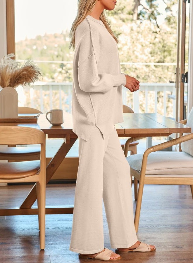 LILLUSORY Women 2 Piece Outfits SweatSuit Sweater Sets 2023 Fall Oversized Ribbed Knit Pullover Tops Wide Leg Pants Lounge Set Loungewear Sweat Suits Black, Apricot, S - Image 3