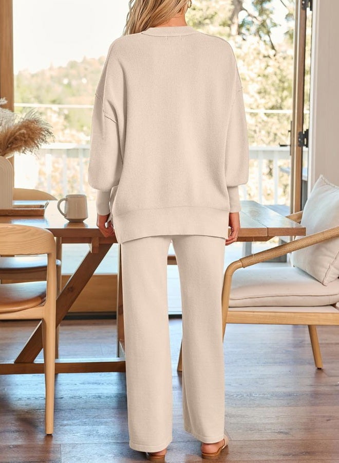 LILLUSORY Women 2 Piece Outfits SweatSuit Sweater Sets 2023 Fall Oversized Ribbed Knit Pullover Tops Wide Leg Pants Lounge Set Loungewear Sweat Suits Black, Apricot, S - Image 4