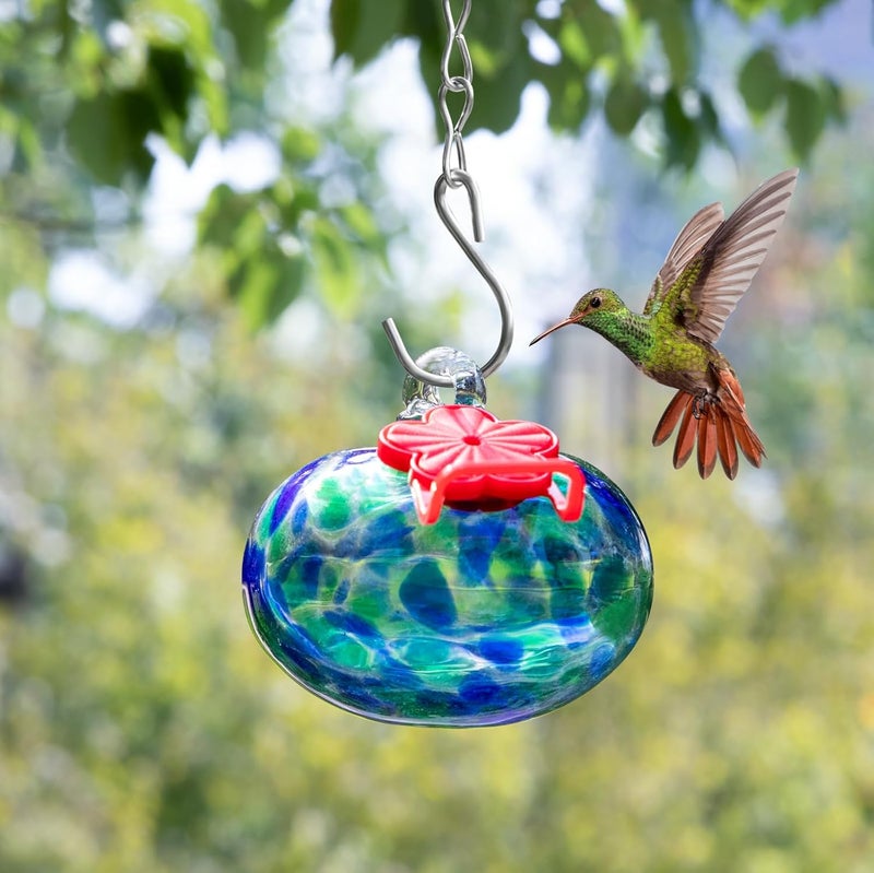 Nxpceay Small Hummingbird Feeder for Outdoors,Hand Blown Glass Humming Bird Feeders with Perch,Never Leak,Garden Patio Decor for Window(Dotted Blue) - Image 4