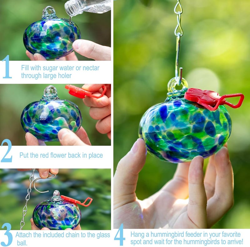 Nxpceay Small Hummingbird Feeder for Outdoors,Hand Blown Glass Humming Bird Feeders with Perch,Never Leak,Garden Patio Decor for Window(Dotted Blue) - Image 3