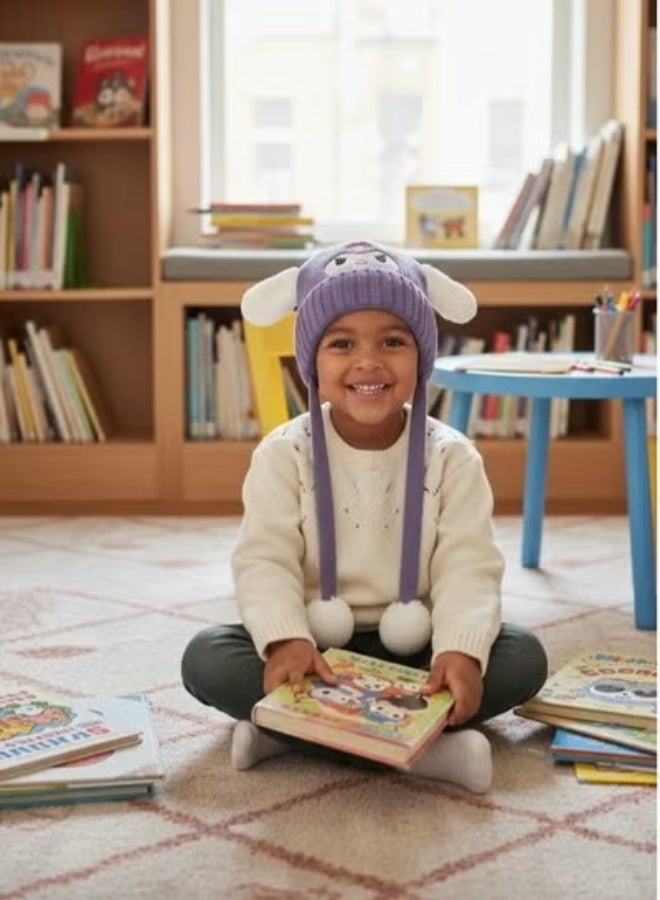 zoba Cute cartoon design winter hat for kids - soft wool hat with a push mechanism to move the ears - interactive and fun for children - warm and lightweight with push balls at the ends - suitable for girls and boys (Purple) - Image 2