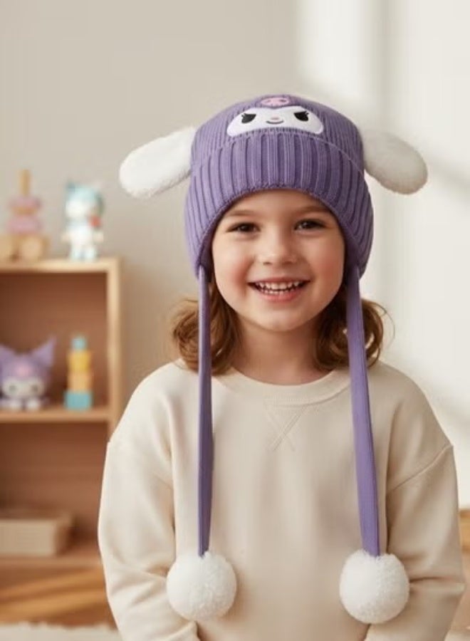 zoba Cute cartoon design winter hat for kids - soft wool hat with a push mechanism to move the ears - interactive and fun for children - warm and lightweight with push balls at the ends - suitable for girls and boys (Purple) - Image 1