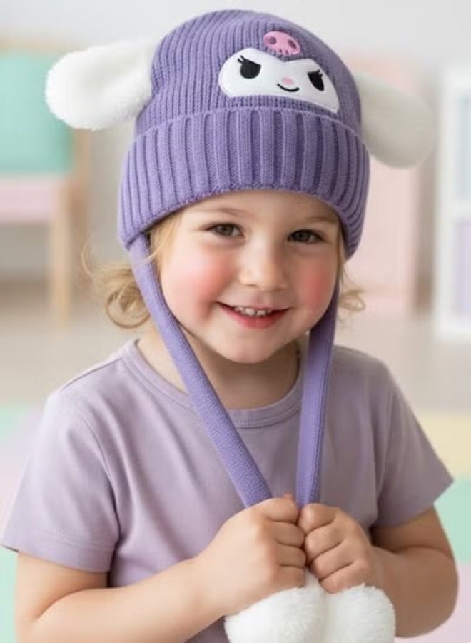 zoba Cute cartoon design winter hat for kids - soft wool hat with a push mechanism to move the ears - interactive and fun for children - warm and lightweight with push balls at the ends - suitable for girls and boys (Purple) - Image 5