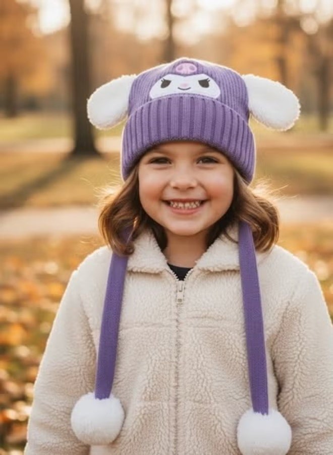zoba Cute cartoon design winter hat for kids - soft wool hat with a push mechanism to move the ears - interactive and fun for children - warm and lightweight with push balls at the ends - suitable for girls and boys (Purple) - Image 3