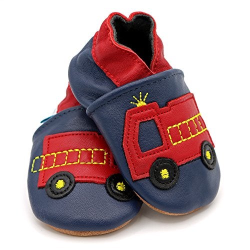 Dotty Fish Soft Sole Leather Infant Shoes Boys pre-Walkers. Navy with Fire Engine. 18-24 Months - Image 4