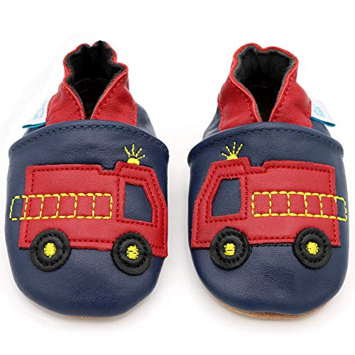 Dotty Fish Soft Sole Leather Infant Shoes Boys pre-Walkers. Navy with Fire Engine. 18-24 Months - Image 3