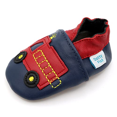 Dotty Fish Soft Sole Leather Infant Shoes Boys pre-Walkers. Navy with Fire Engine. 18-24 Months - Image 1