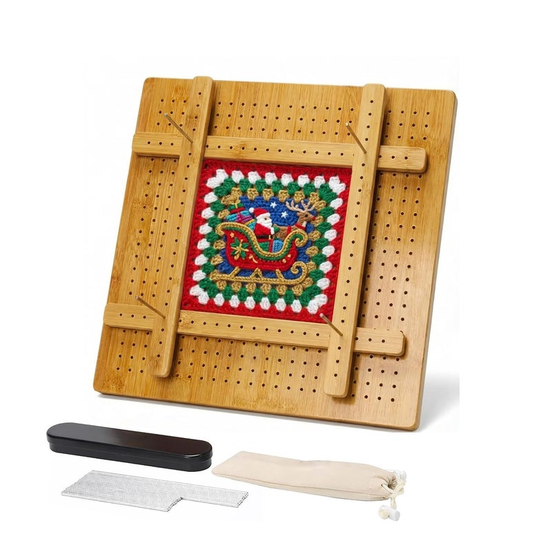 ULOI 13â€Crochet Blocking Board - Upgraded Style with 4 Tension Rods and 20 Pegs â€“ Blocking Boards for Crochet Projects, Ideal for Granny Square Card Deck Users ï¼ˆNatural Colourï¼‰ - Image 1