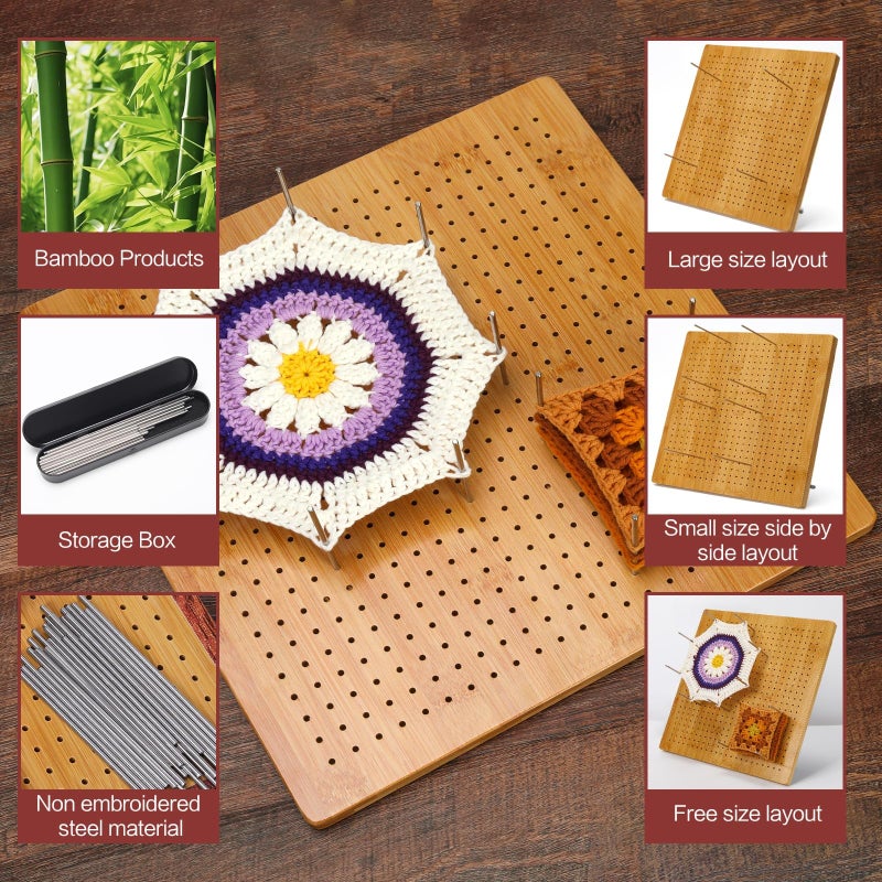 ULOI 13â€Crochet Blocking Board - Upgraded Style with 4 Tension Rods and 20 Pegs â€“ Blocking Boards for Crochet Projects, Ideal for Granny Square Card Deck Users ï¼ˆNatural Colourï¼‰ - Image 3