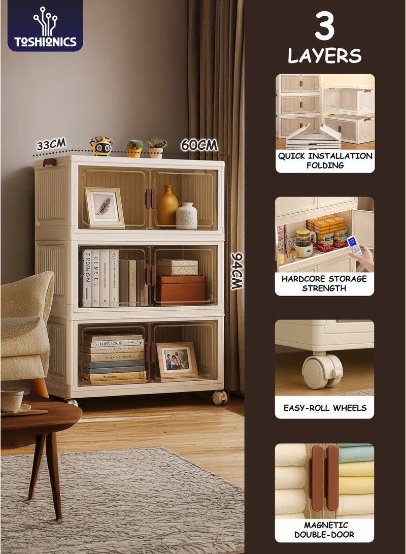 Toshionics 3 Tier Plastic Storage Cabinet - 60x30x94cm - with Transparent Brown-Tinted Acrylic Double Doors and Lockable Wheels – Multi-Layer Foldable, Stackable, Versatile Organizer for Clothes, Toys, Pantry and More- Available in Various Sizes - Image 1