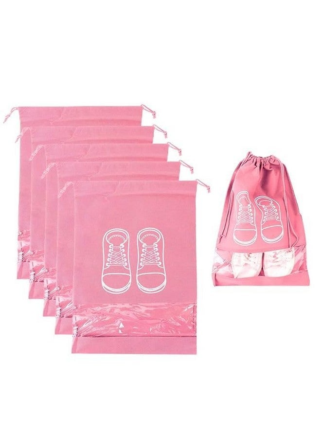 NAYOPI Transparent Window Portable Travel Shoe Bag, Drawstring dustproof, Convenient Storage, 3 Colors, Suitable for Daily Home Storage and Travel Use Shoes Bags, Pack of 5, (32x44cm), Pink - Image 1