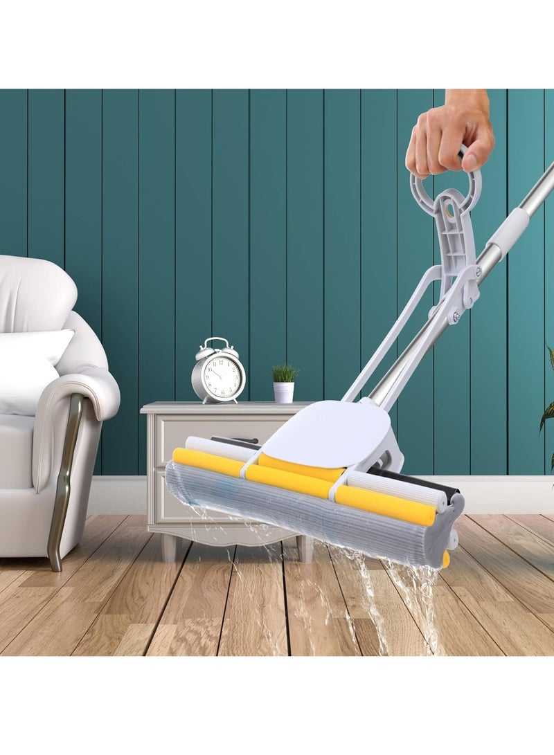 KASTWAVE ماسحات إسفنجية مقبض طويل 49" رأس 15" مع 2 وسادات، ماسحات إسفنجية ذاتية العصر، ماسحات إسفنجية قوية الامتصاص، ممسحة يد، لتنظيف الأرضيات مع عصر بفوّادة  - Image 3