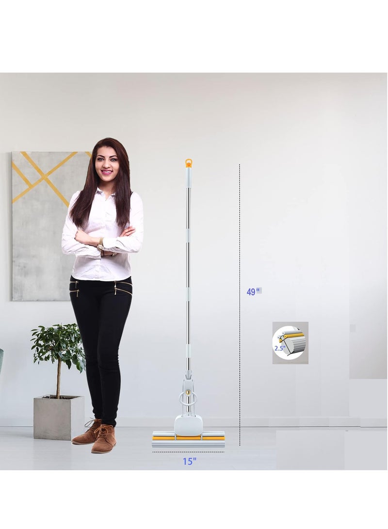 KASTWAVE ماسحات إسفنجية مقبض طويل 49" رأس 15" مع 2 وسادات، ماسحات إسفنجية ذاتية العصر، ماسحات إسفنجية قوية الامتصاص، ممسحة يد، لتنظيف الأرضيات مع عصر بفوّادة  - Image 4