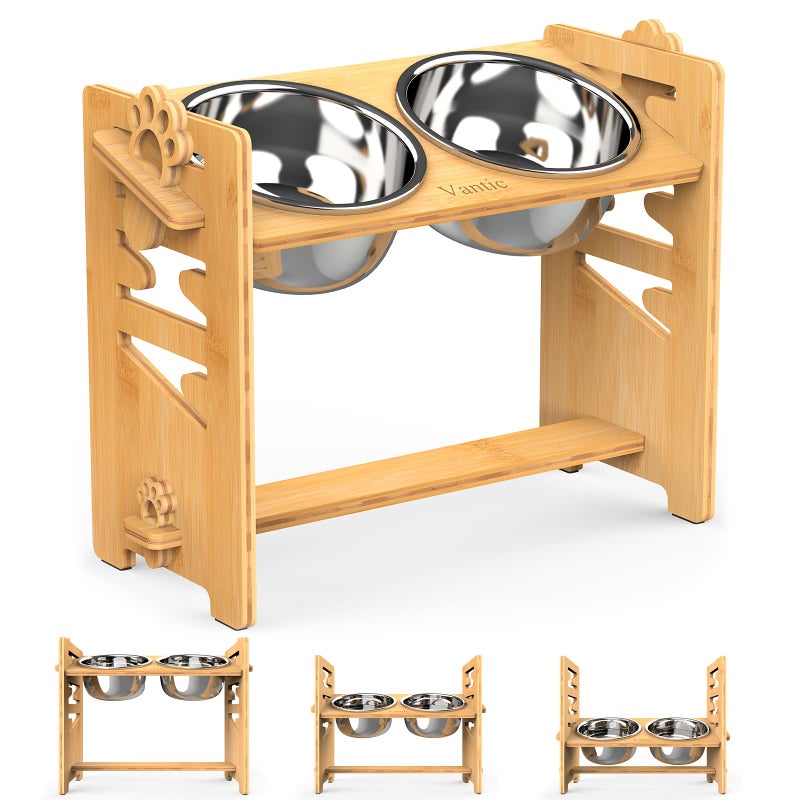 Vantic Elevated Dog Bowls, Adjustable Raised Dog Bowl Stand for Large and XLarge Pet, Sturdy Bamboo Food Feeder with 2 Stainless Steel Dishes, Natural - Image 1