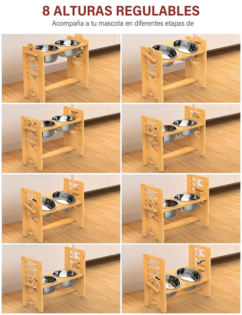 Vantic Elevated Dog Bowls, Adjustable Raised Dog Bowl Stand for Large and XLarge Pet, Sturdy Bamboo Food Feeder with 2 Stainless Steel Dishes, Natural - Image 3