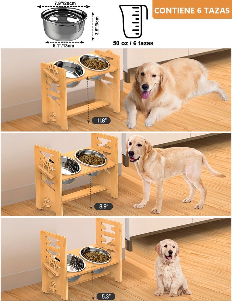 Vantic Elevated Dog Bowls, Adjustable Raised Dog Bowl Stand for Large and XLarge Pet, Sturdy Bamboo Food Feeder with 2 Stainless Steel Dishes, Natural - Image 2