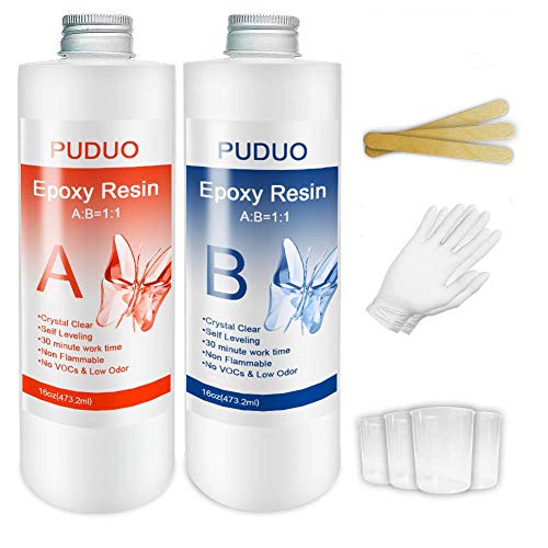 Puduo 32 OZ Epoxy Resin Clear for Resin Molds, Resin Epoxy Starter Kit, 2 Part Resin for for Jewelry- Including Resin and Hardener (Each 16OZ) with 4 pcs Measuring Cups, 3pcs Sticks, 1 Pair Glove… - Image 1