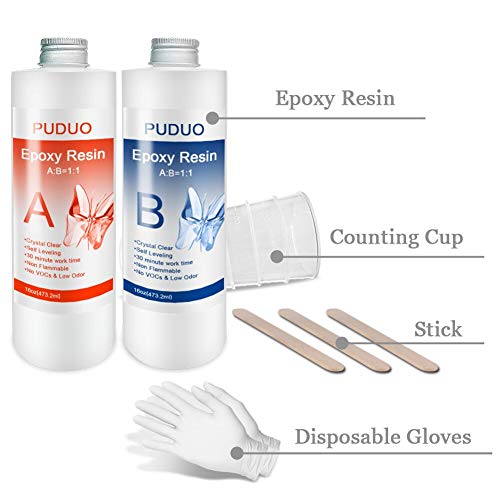Puduo 32 OZ Epoxy Resin Clear for Resin Molds, Resin Epoxy Starter Kit, 2 Part Resin for for Jewelry- Including Resin and Hardener (Each 16OZ) with 4 pcs Measuring Cups, 3pcs Sticks, 1 Pair Glove… - Image 4