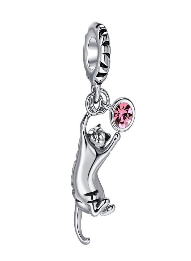 MiiFort Playing Tabby Cat Dangle Charm Compatible with Pandora Charms Bracelets with October Pink Birthstones Ginger Cats Lovers Women Birthday - Image 1