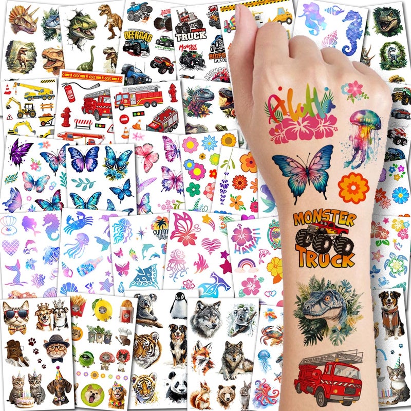 CHARLENT Temporary Tattoos for Kids - 320 Mixed Styles (36 Sheets) Tattoo Stickers Set for Boys and Girls, Car Dinosaur Hawaii Mermaid Watercolor Animals Tattoos for Kids Birthday Party Supplies - Image 1