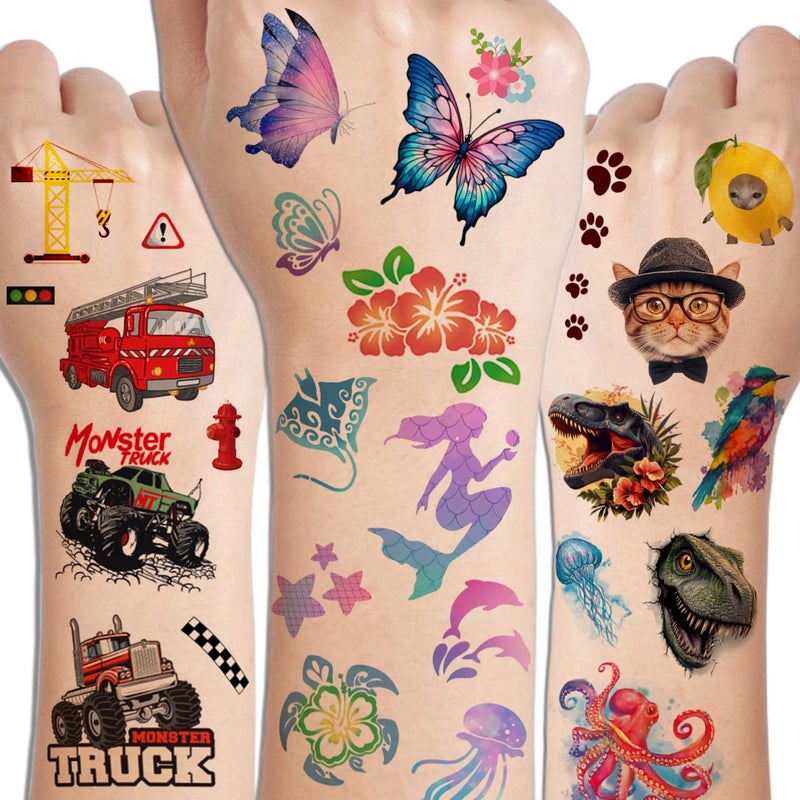 CHARLENT Temporary Tattoos for Kids - 320 Mixed Styles (36 Sheets) Tattoo Stickers Set for Boys and Girls, Car Dinosaur Hawaii Mermaid Watercolor Animals Tattoos for Kids Birthday Party Supplies - Image 3