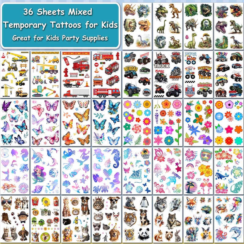 CHARLENT Temporary Tattoos for Kids - 320 Mixed Styles (36 Sheets) Tattoo Stickers Set for Boys and Girls, Car Dinosaur Hawaii Mermaid Watercolor Animals Tattoos for Kids Birthday Party Supplies - Image 2