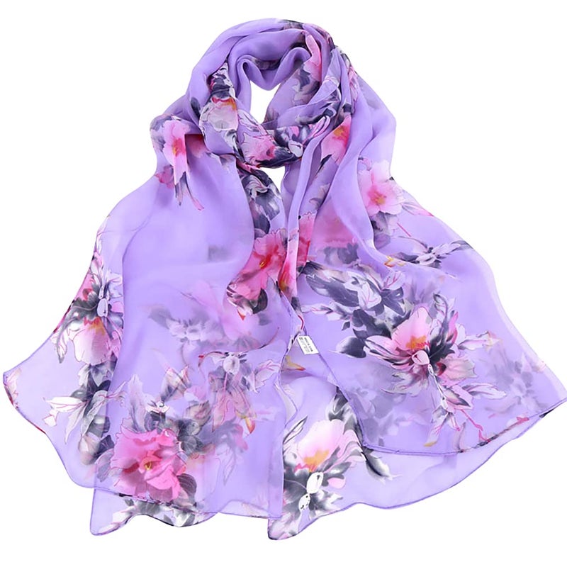 E-Clover Scarfs for Women Lightweight Floral Printed Scarves Soft Chiffon Sheer Scarf Shawl Flower Elegant Lavender Purple Scarfs Pink - Image 1