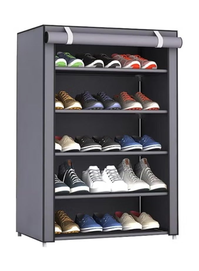 BLOOMING TIME 5 Layer  Non Woven Simple Shoe Rack With Dust Proof Cloth, Simple Installation, Waterproof, Grey - Image 1