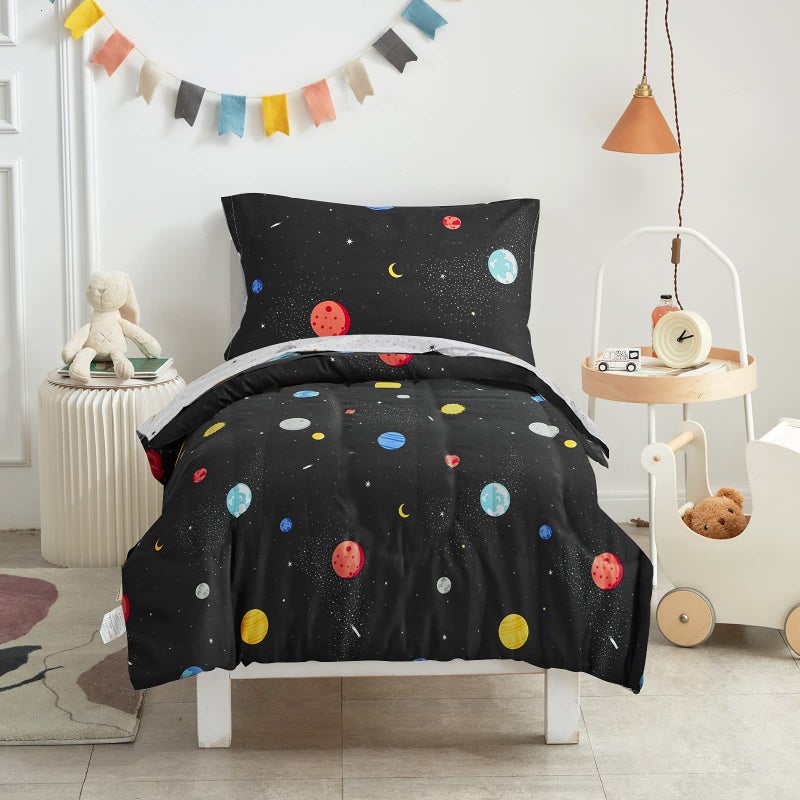 UOZZI BEDDING 4 Pieces Toddler Bedding Set Black Space Style with Stars Planets Black Cute Includes Toddler Size Comforter Flat Sheet Fitted Sheet and Pillowcase