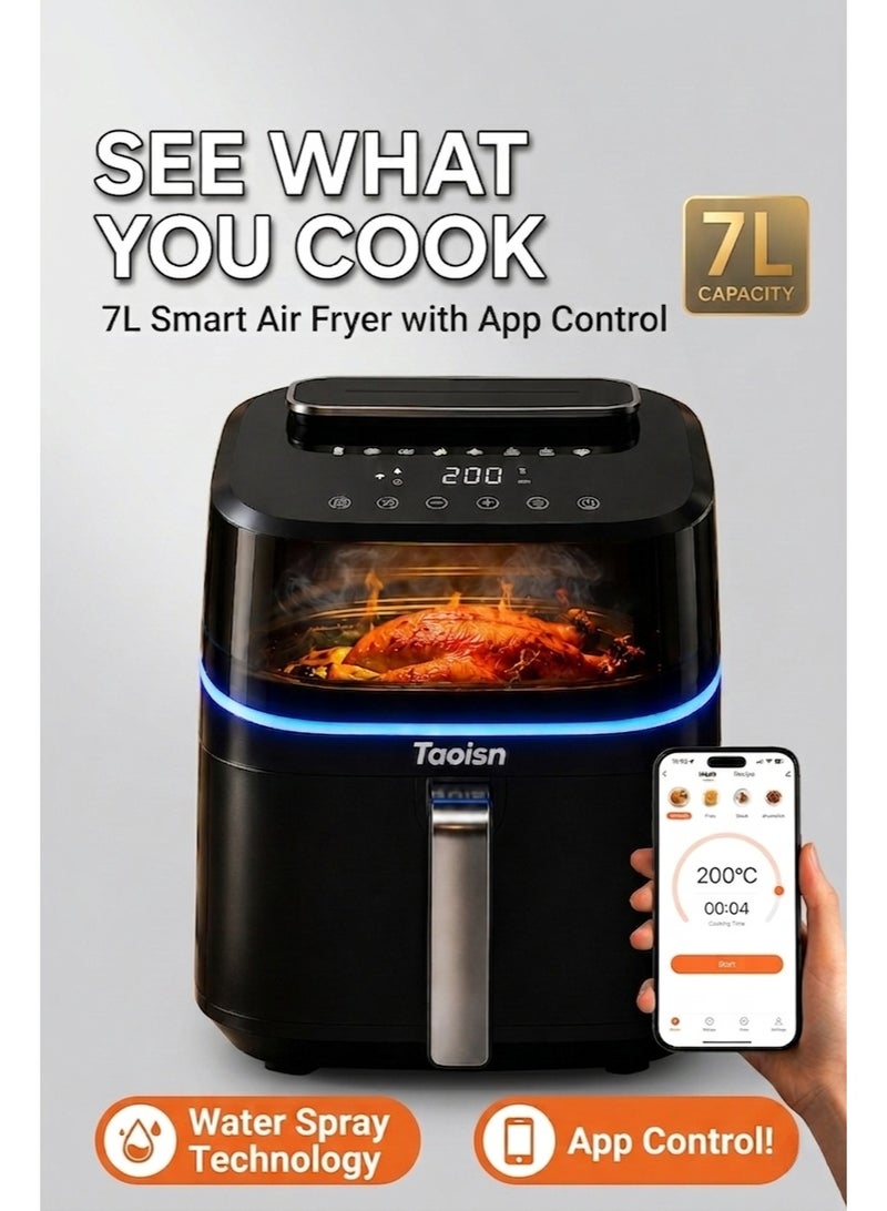 TAOISN 7L Air Fryer with 3D Rapid Heating (Top & Bottom Dual Heating), Water Spray Technology, App Control, Viewing Window, 1800W, Non-Stick Basket, Free Silicone Tray & Tongs and Oil Brush | Perfect for Large Families - Image 1