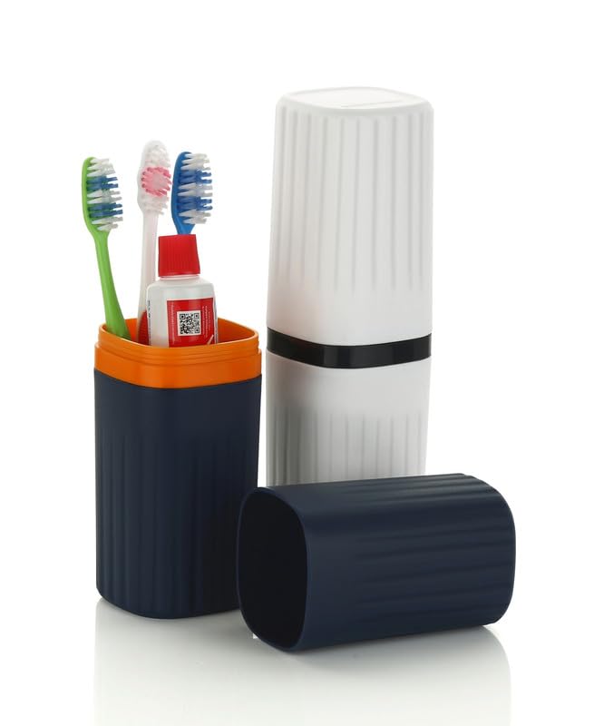 HAPPI Square Travel Toothbrush Holder, Portable Plastic Toothpaste Holder Box Cover with Lid,Travelling Toothbrush Storage Holder Bar for Bathroom Outdoor(Pack of 2- Blue/White) - Image 1