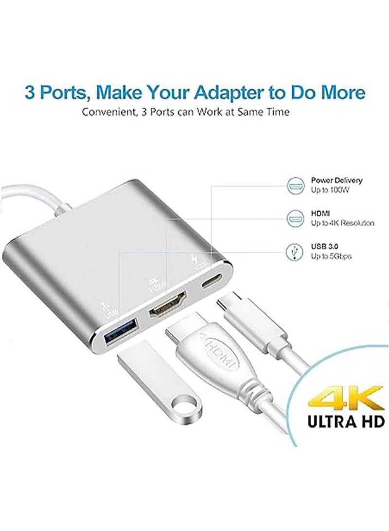 ملبوس محول USB Type-C إلى HDMI 3 في 1، محول فيديو 4K مع منافذ شحن 3.0 وType-C، محول رقمي USB-C AV متعدد المنافذ لأجهزة Mac (فضي) - Image 3