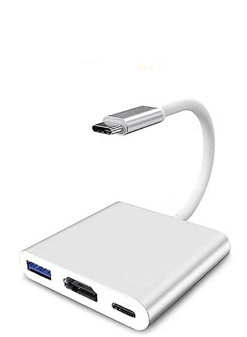 ملبوس محول USB Type-C إلى HDMI 3 في 1، محول فيديو 4K مع منافذ شحن 3.0 وType-C، محول رقمي USB-C AV متعدد المنافذ لأجهزة Mac (فضي) - Image 1