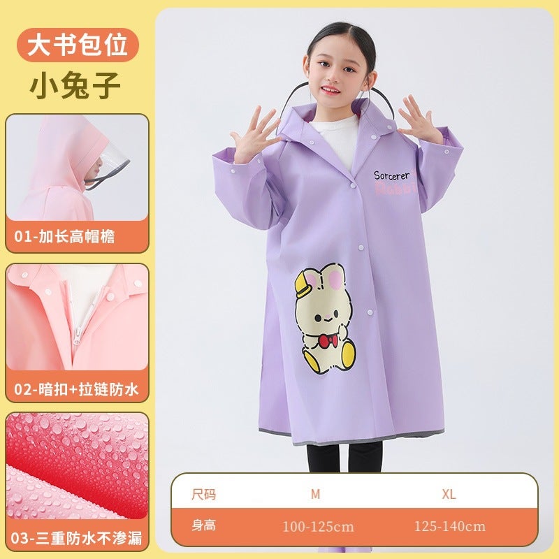 Middle School Students Raincoat Childrens Special School Bag for Boys and Girls Et01 purple rabbit [single brim + invisible school bag position] 