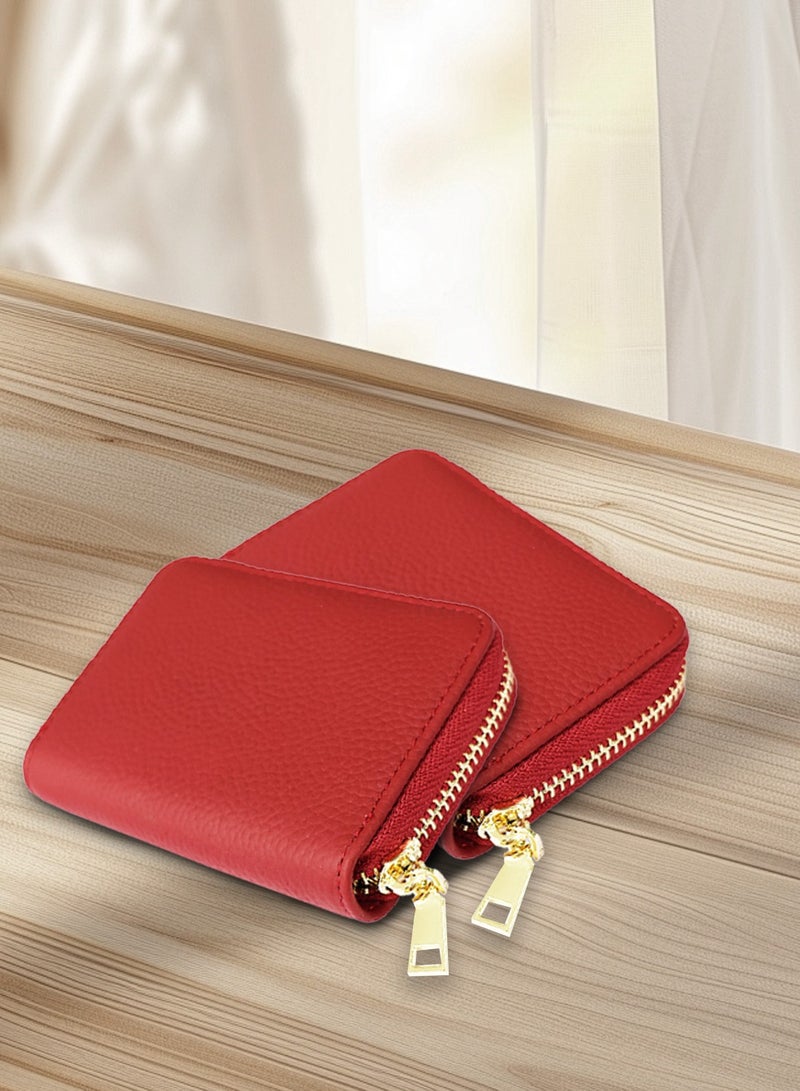 Meishida Credit Card Holder Genuine Leather Small Card Case for Men & Women, Pocket Mini Wallets Card Cases with Zipper, Money Organizer - Red - Image 1