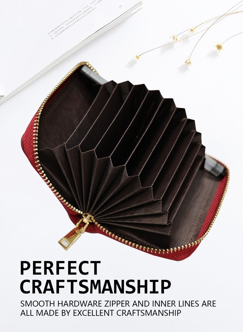 Meishida Credit Card Holder Genuine Leather Small Card Case for Men & Women, Pocket Mini Wallets Card Cases with Zipper, Money Organizer - Red - Image 3