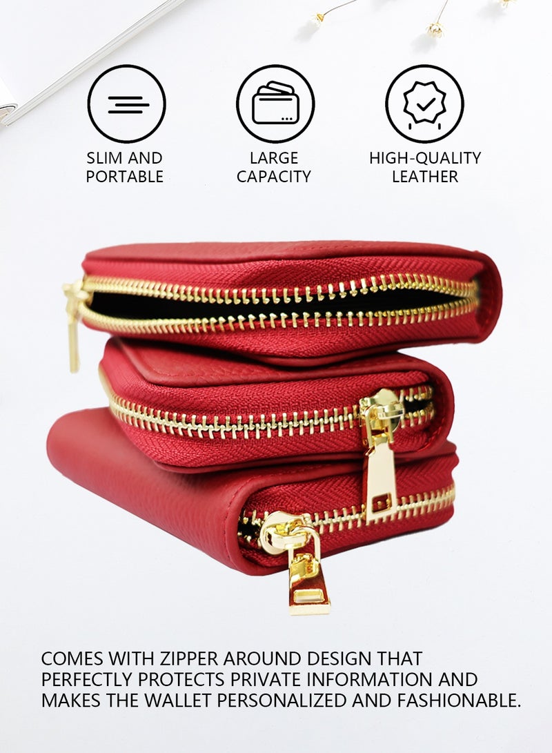 Meishida Credit Card Holder Genuine Leather Small Card Case for Men & Women, Pocket Mini Wallets Card Cases with Zipper, Money Organizer - Red - Image 4