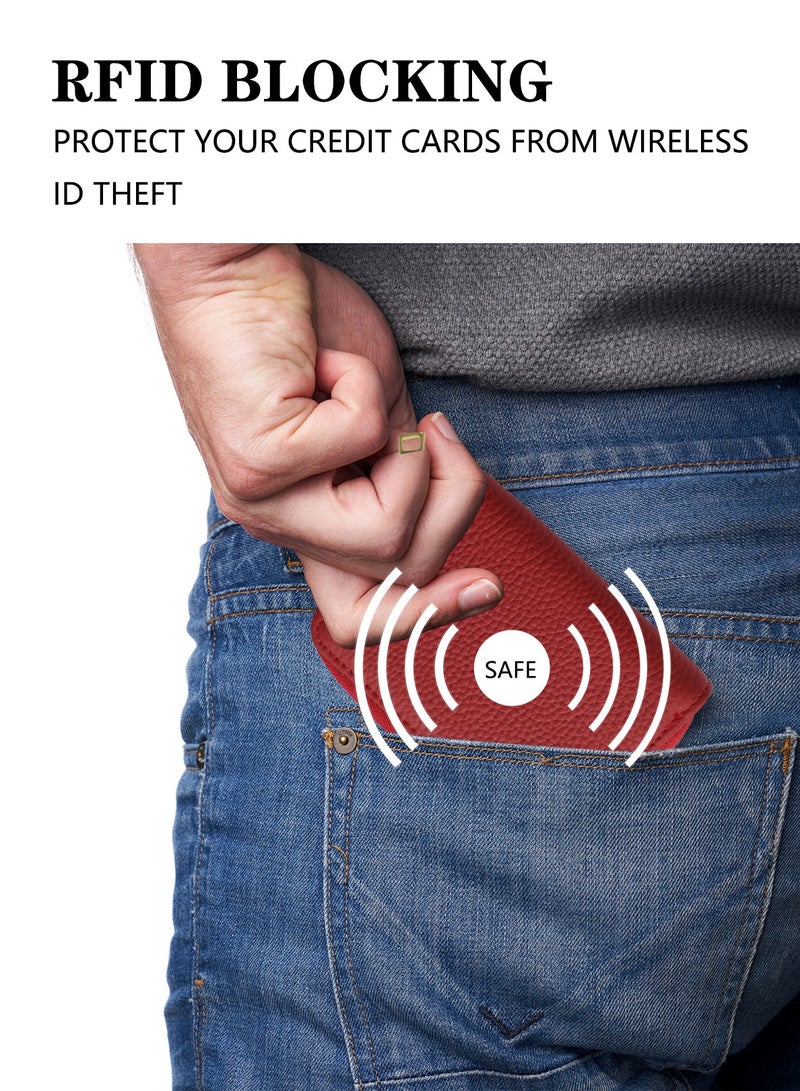 Meishida Credit Card Holder Genuine Leather Small Card Case for Men & Women, Pocket Mini Wallets Card Cases with Zipper, Money Organizer - Red - Image 5