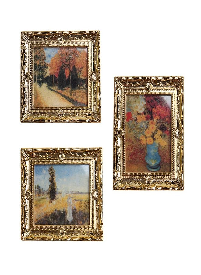 Acxico 3Pcs 1:12 Mini Miniature Gold Frame Art Wall Picture Oil Painting Home Decor - Image 1
