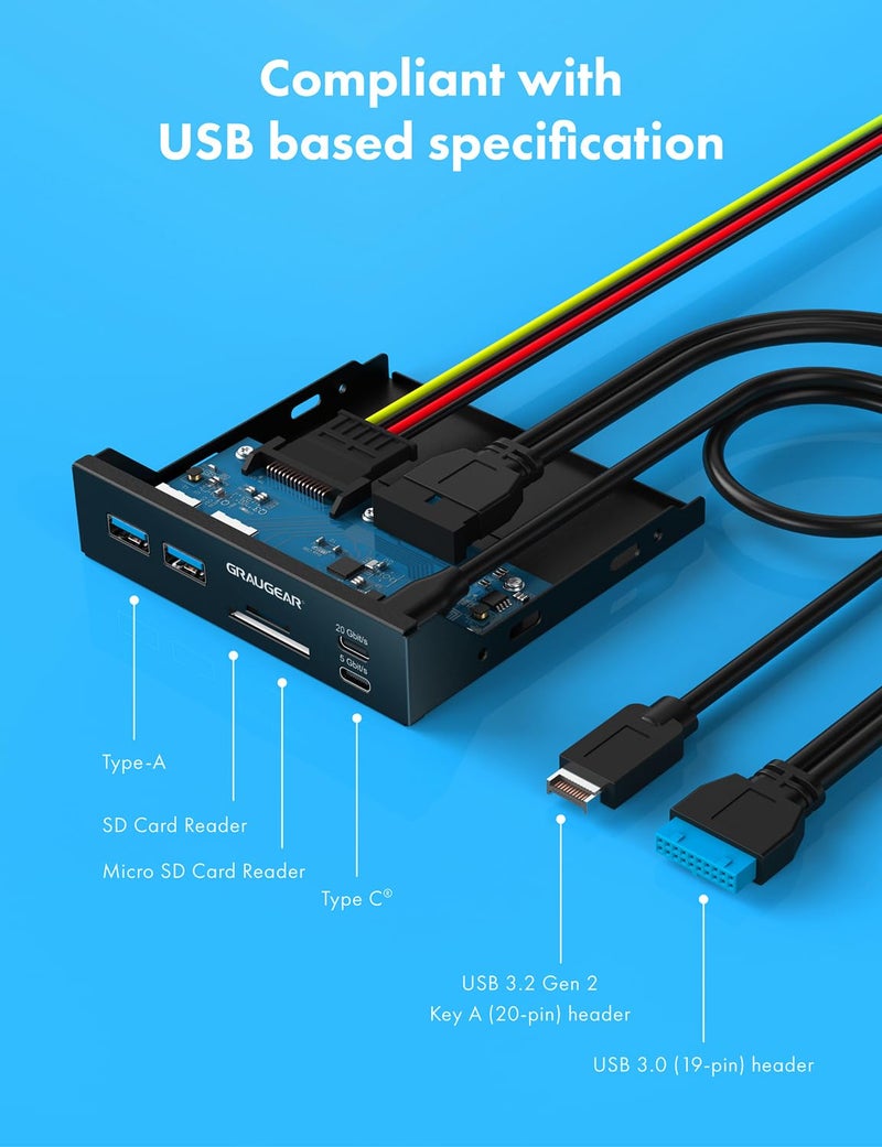 GRAUGEAR 3.5 Inch Front Panel USB C Hub, SD/microSD Internal Card Reader, 20Gbps USB 3.2 Gen 2x2, USB3.2 Type-E Key-A 20-Pin Header & USB3.0 Header & 15-Pin SATA Power Connector Required [G-MP01CR] - Image 5