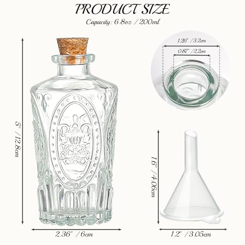 TBWIND Small Glass Bottles with Cork, 12 Pack 6oz/ 200ml Clear Glass Bottles, Assorted Vintage Embossed Designs – 4 Patterns, Mini Bottles for Wedding Favors, Vanilla Extract, Oil & Vinegar - Image 2