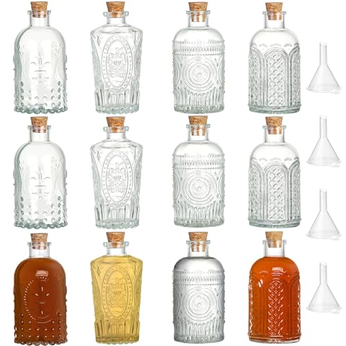 TBWIND Small Glass Bottles with Cork, 12 Pack 6oz/ 200ml Clear Glass Bottles, Assorted Vintage Embossed Designs – 4 Patterns, Mini Bottles for Wedding Favors, Vanilla Extract, Oil & Vinegar - Image 1