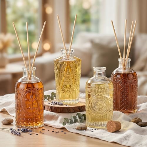 TBWIND Small Glass Bottles with Cork, 12 Pack 6oz/ 200ml Clear Glass Bottles, Assorted Vintage Embossed Designs – 4 Patterns, Mini Bottles for Wedding Favors, Vanilla Extract, Oil & Vinegar - Image 3