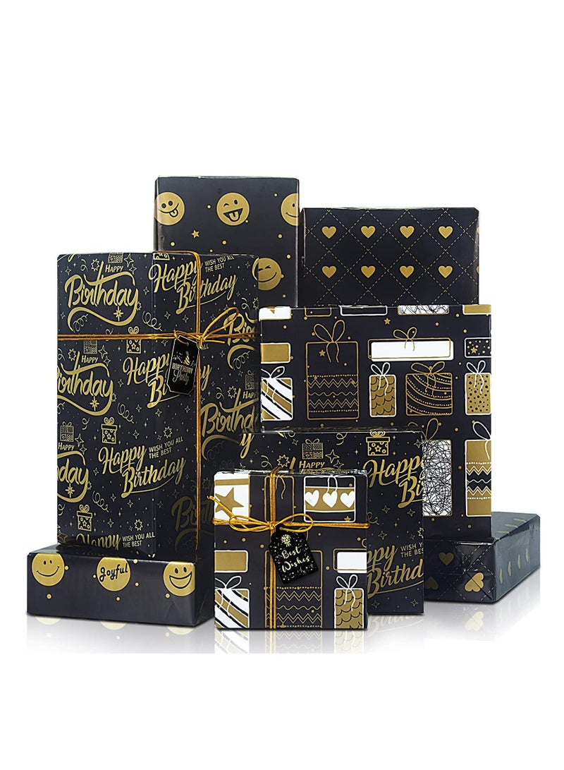 Recycled Birthday Wrapping Paper with Black Gold Design Includes Jute Twine and Gift Tag Perfect for Celebrations 27.5x19.6 inches - Image 1