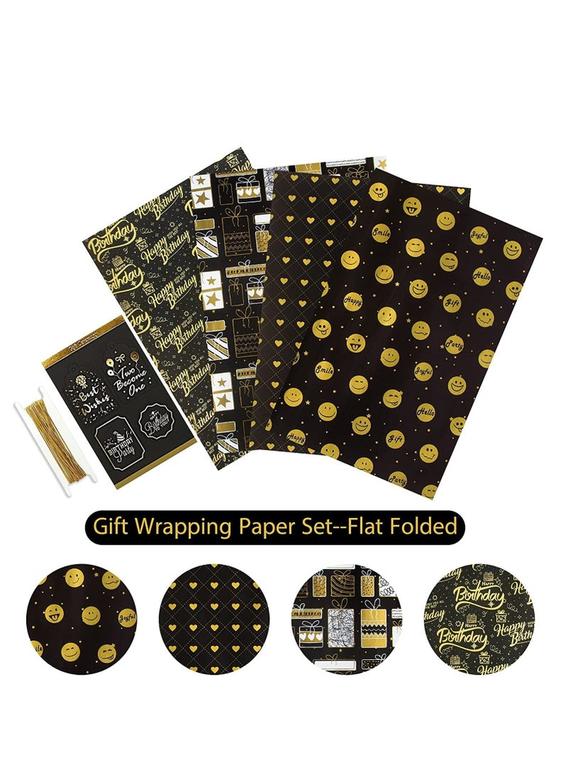 Recycled Birthday Wrapping Paper with Black Gold Design Includes Jute Twine and Gift Tag Perfect for Celebrations 27.5x19.6 inches - Image 5