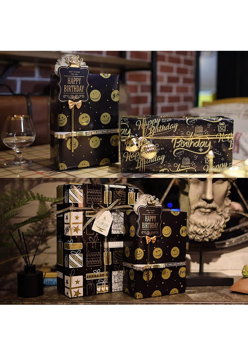 Recycled Birthday Wrapping Paper with Black Gold Design Includes Jute Twine and Gift Tag Perfect for Celebrations 27.5x19.6 inches - Image 3