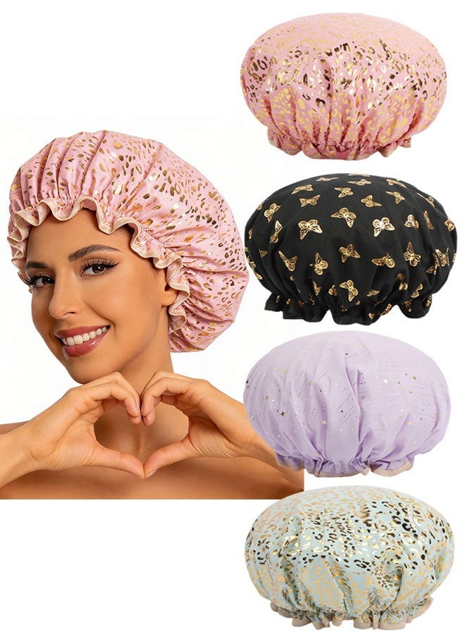 Happy D Ladies' and girls' 4-piece set of shower caps, reusable waterproof shower caps, double-layer waterproof, perfectly protect hair and provide ultimate comfort - Image 1