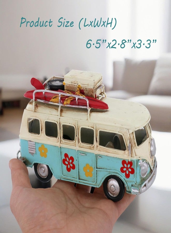 NAUTIMALL Vintage-Style Miniature Hippie Camper Van Model Tropical Theme Flower Decals 6.5inches Beach Bus Home Decor Gift for Boys Kids Hippie Van Ornament (Light Blue) - Image 2